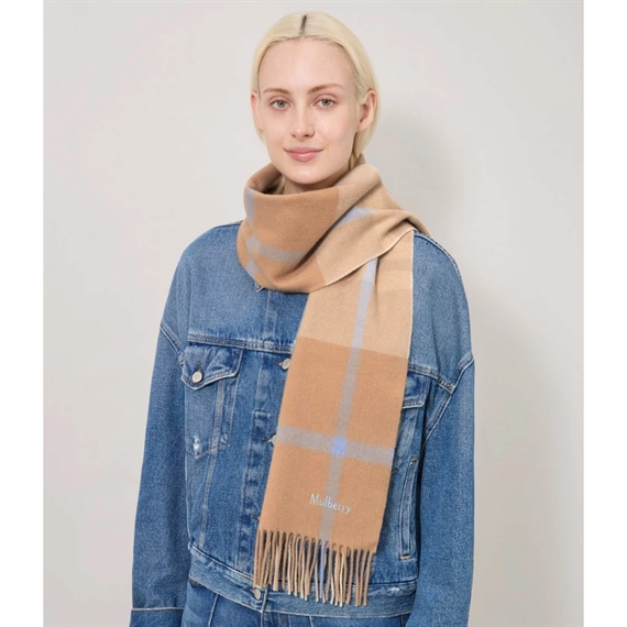 Mulberrry Small Check Merino Wool Scarf Camel-Poplin Blue 